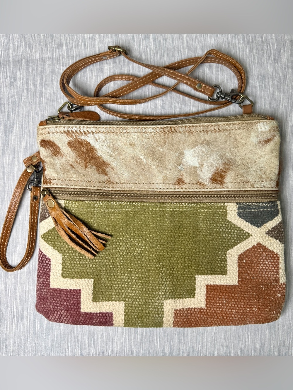 Myra Bag Crossbody Two-Compartment Cream Cowhide Geometric Canvas Boho Western